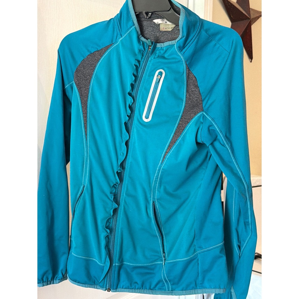 Athleta Womens Teal Blue Ruffle Trim Full Zip Performance Jacket Size M Active